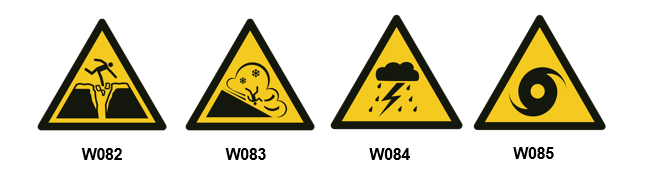 Warnzeichen vor extremen Natur- und Wettergefahren - W082, W083, W084, W085